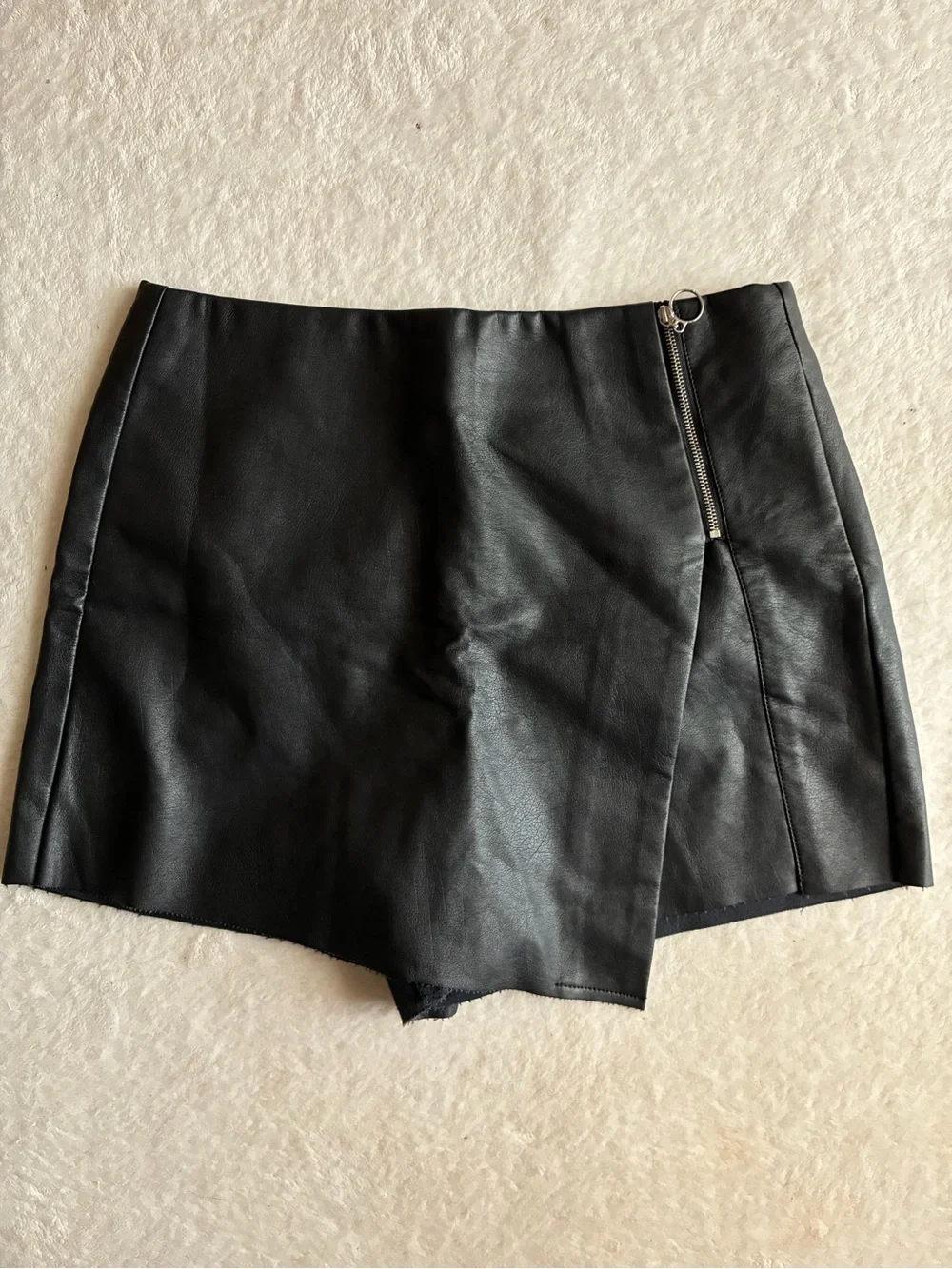 Black Faux Leather Mini Skort with Ring Zip Accent